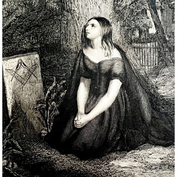 Freemasonry 1859 Masonic Engraving Victorian Widow By Grave Tombstone Art DWY5F - Picture 1 of 2